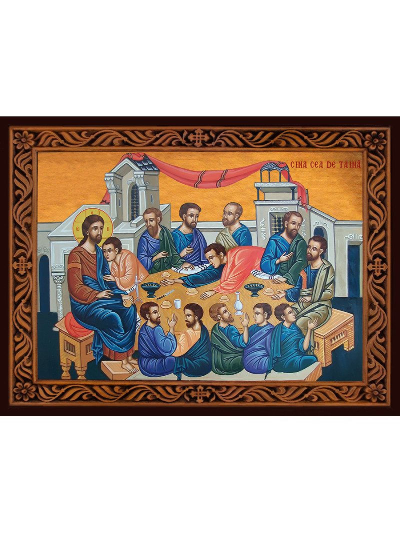 Icoană ortodoxă cu Cina cea de Taină cu ramă decorativă stil sculptat