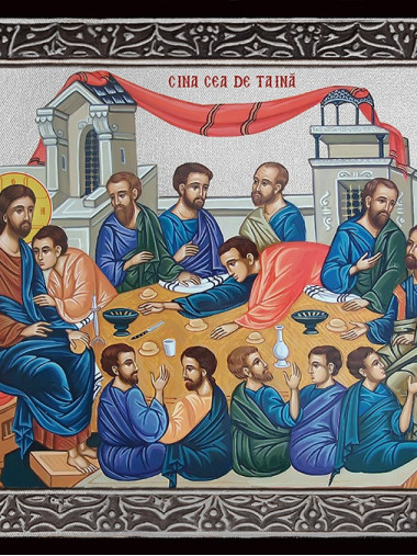 Icoană din argint cu Cina cea de Taină cu raze argintii