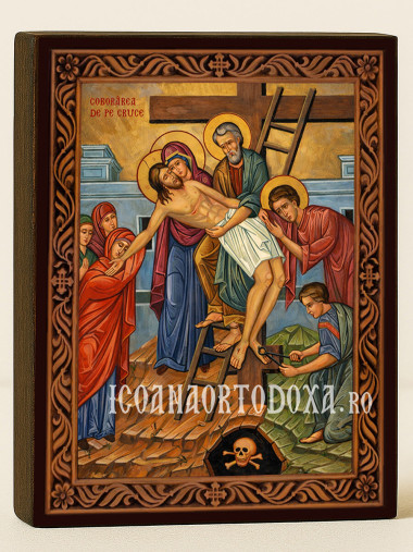 Icoană a Coborârii de pe Cruce – cu ramă decorativă