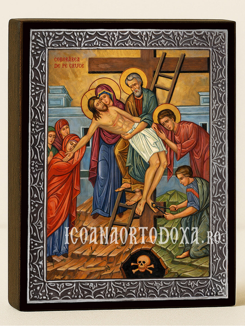 Icoană a Coborârii de pe Cruce – cu ramă argintie