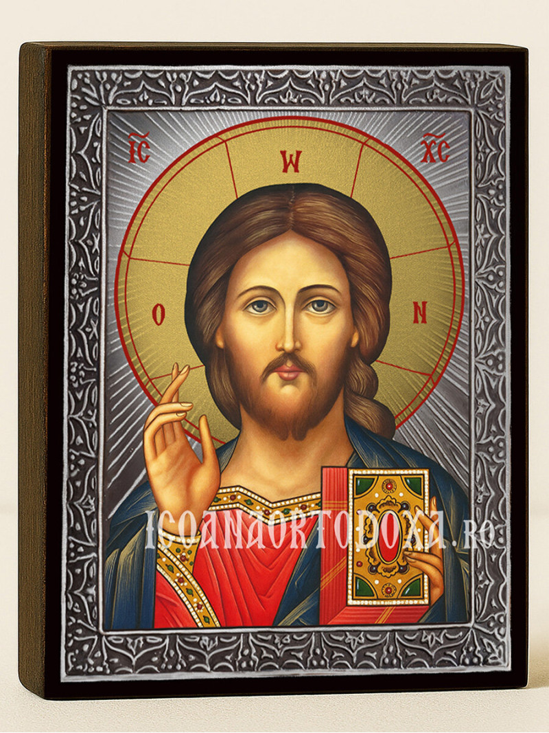 Icoană cu Domnul Atotțiitorul cu raze argintii decorative