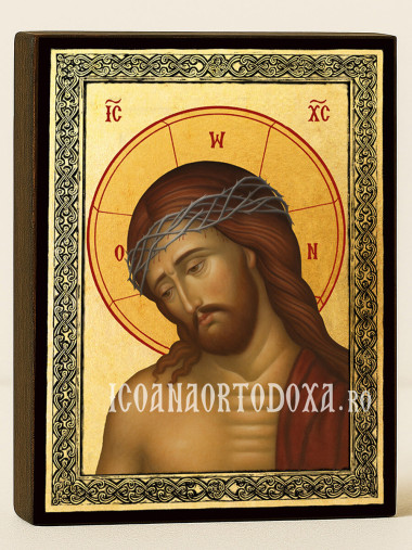 Icoană aurită cu Domnul cu Coroana de Spini și ramă decorativă