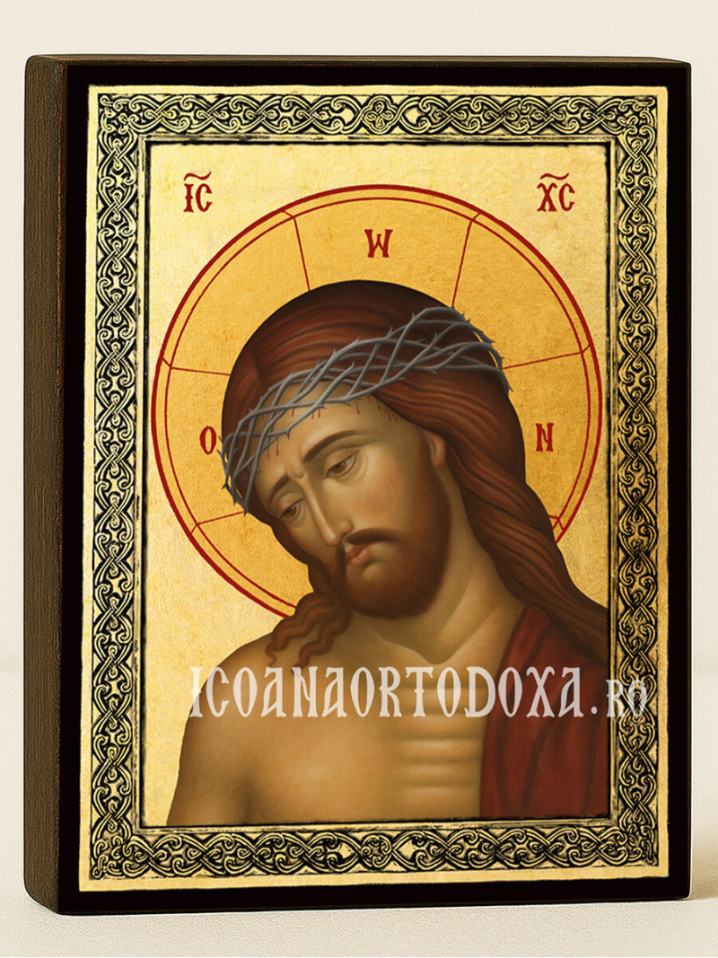 Icoană aurită cu Domnul cu Coroana de Spini și ramă decorativă