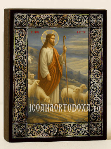 Icoană cu Domnul – Păstorul cel Bun cu ramă florală decorativă