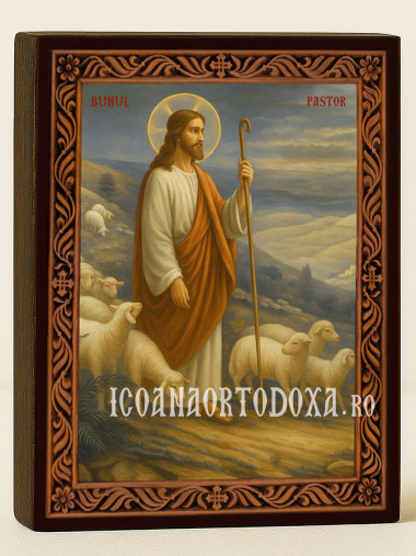 Icoană a lui Hristos Păstorul cel Bun cu ramă decorativă