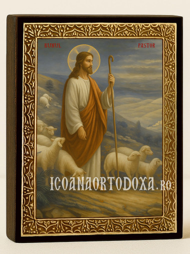 Icoană a Domnului Păstorul cel Bun cu ramă aurie