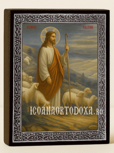 Icoană a Domnului Păstorul cel Bun cu ramă argintie