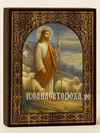 Icoană a lui Isus Păstorul cel Bun cu arc floral din lemn