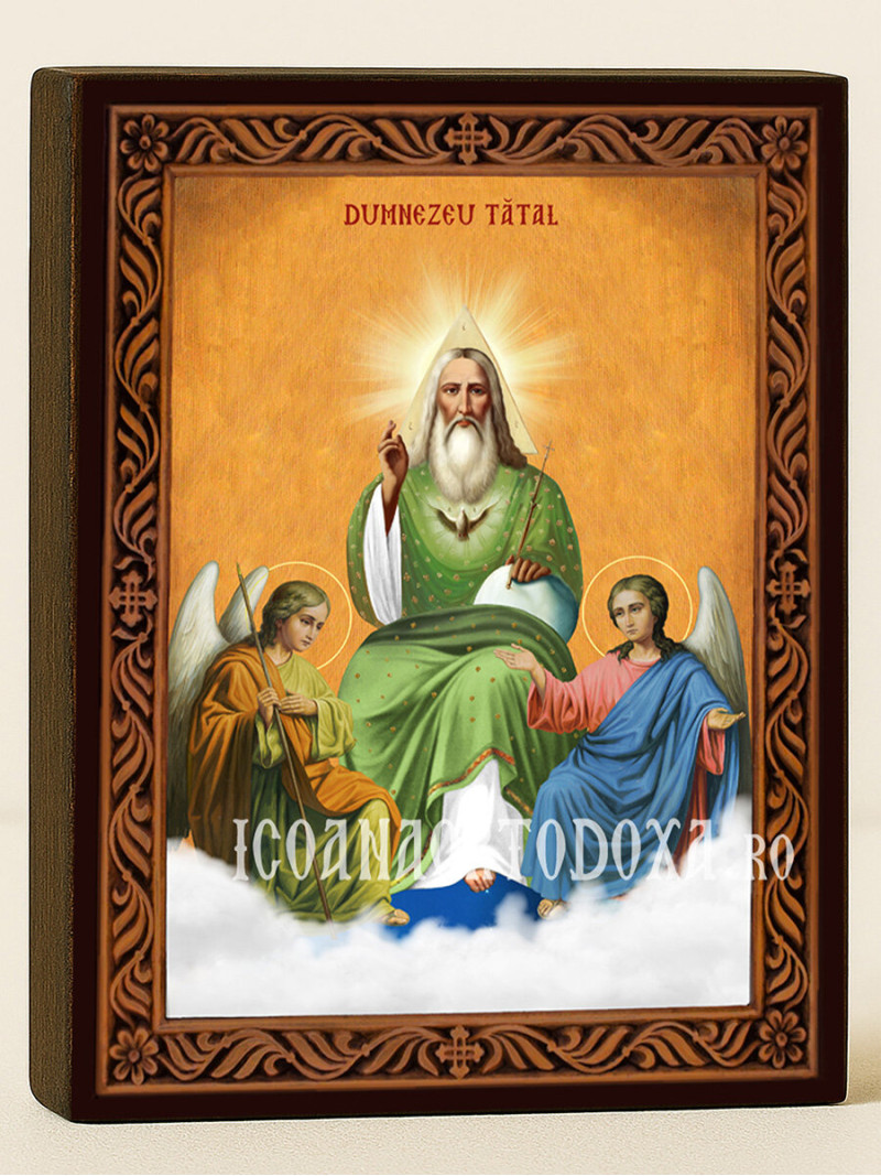 Icoană ortodoxă cu Dumnezeu Tatăl cu ramă decorativă stil sculptat