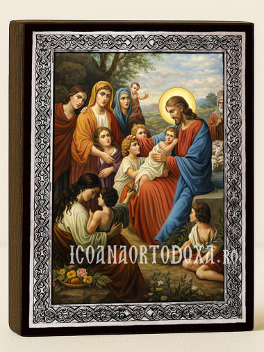 Icoană a lui Isus binecuvântând copiii cu ramă argintie