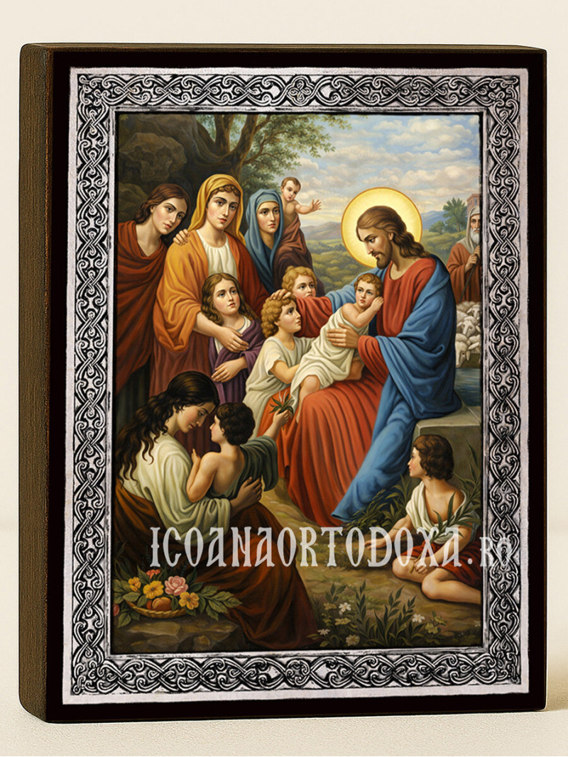 Icoană a lui Isus binecuvântând copiii cu ramă argintie