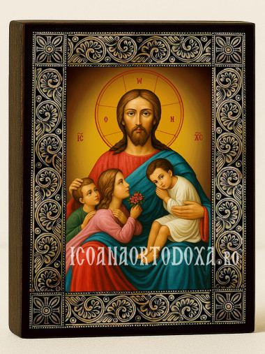 Icoană cu Hristos binecuvântează copiii cu ramă florală decorativă