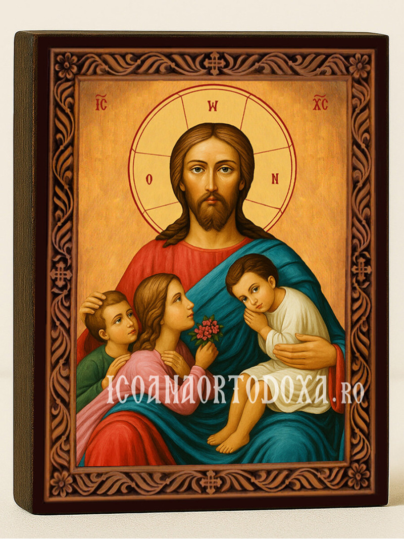 Icoană ortodoxă cu Hristos binecuvântează copiii cu ramă decorativă stil sculptat