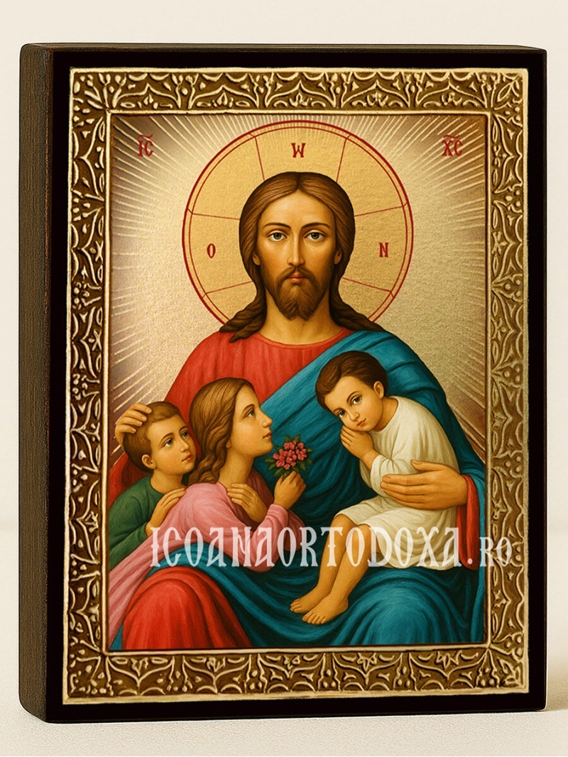 Icoană aurită cu Hristos binecuvântează copiii cu raze decorative