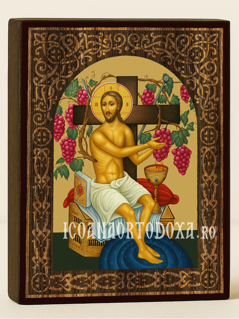 Icoană a lui Isus Hristos Vița-de-vie cu arc floral din lemn
