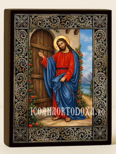 Icoană cu Iisus bate la ușă cu ramă florală decorativă