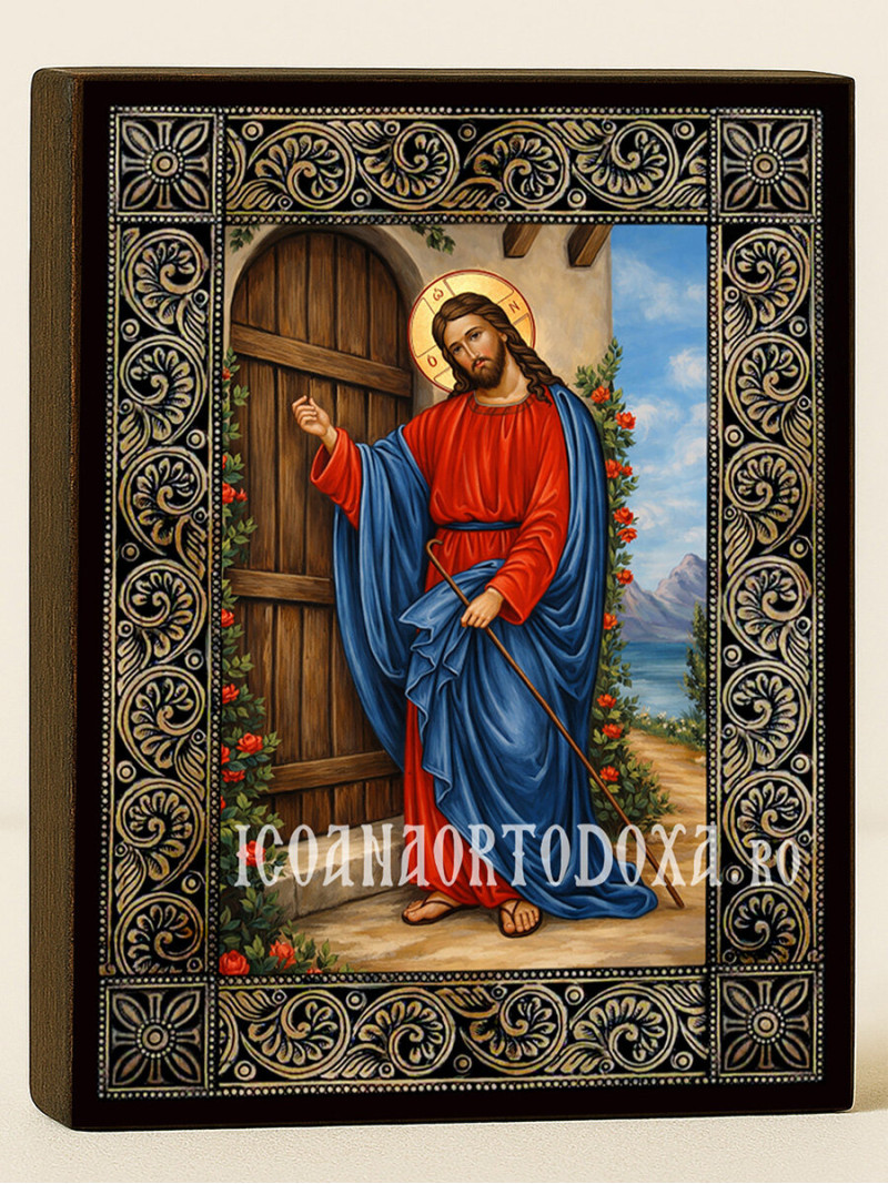 Icoană cu Iisus bate la ușă cu ramă florală decorativă