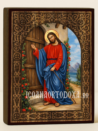 Icoană a lui Isus Hristos care bate la ușă – cu arc floral din lemn