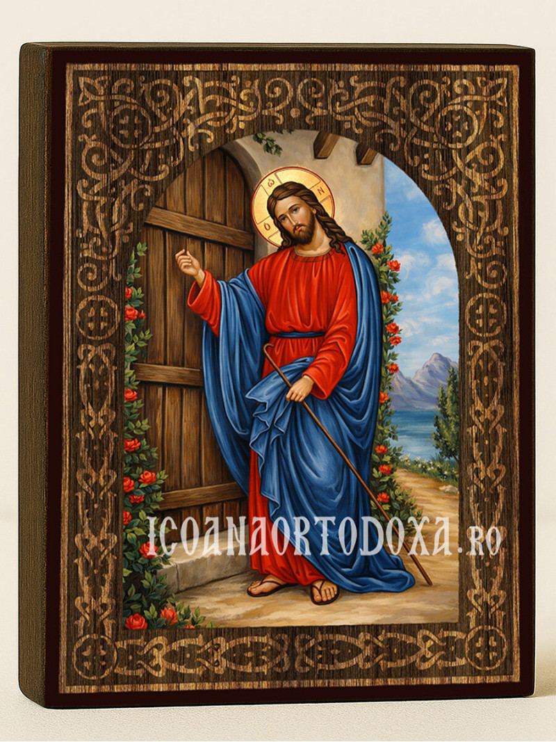 Icoană a lui Isus Hristos care bate la ușă – cu arc floral din lemn