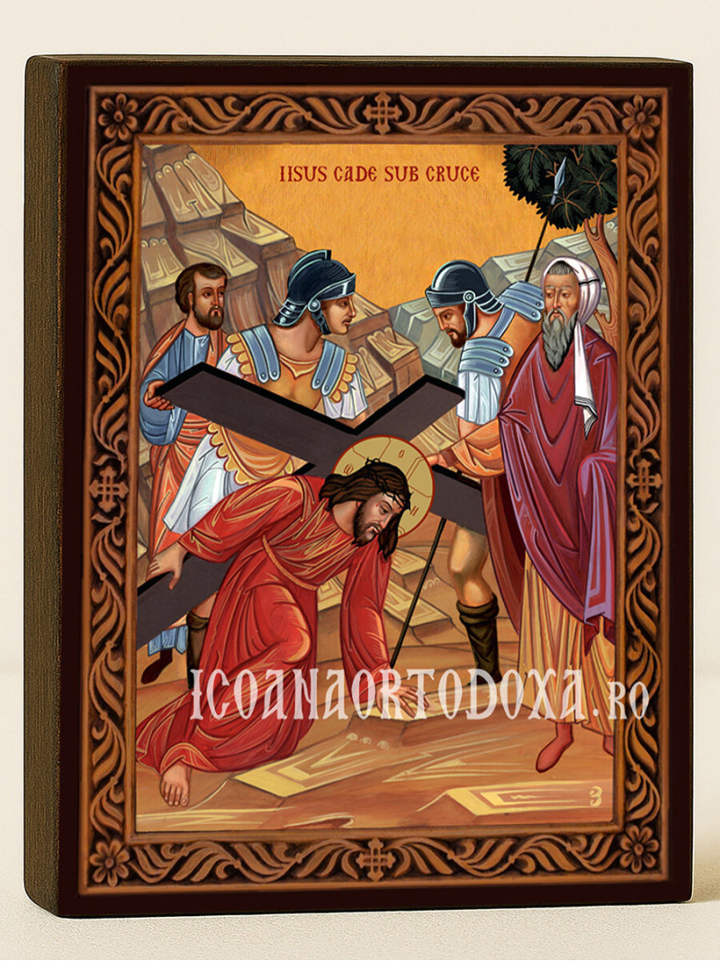 Icoană Isus cade sub Cruce – cu ramă decorativă