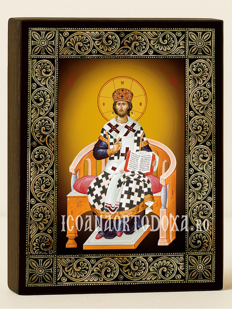 Icoană cu Iisus Hristos Marele Arhiereu cu ramă florală decorativă