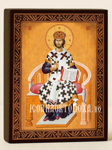 Icoană ortodoxă cu Iisus Hristos Marele Arhiereu cu ramă decorativă stil sculptat