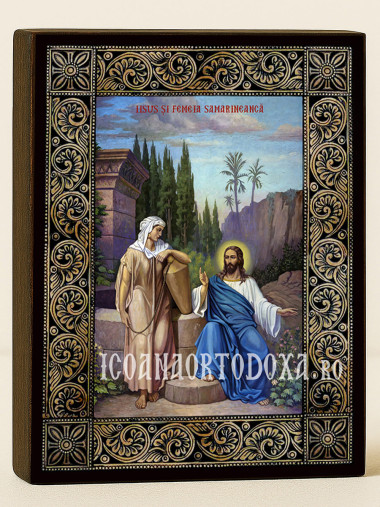 Icoană cu Iisus și Samarineanca cu ramă florală decorativă