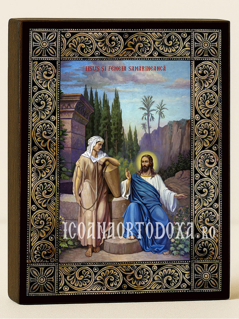 Icoană cu Iisus și Samarineanca cu ramă florală decorativă