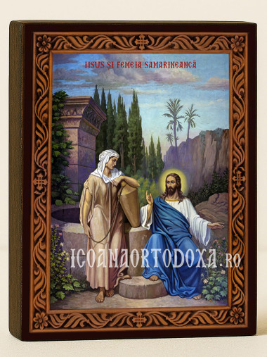 Icoană a lui Hristos și a femeii samarinence cu ramă decorativă