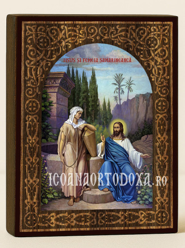 Icoană a lui Isus Hristos și a femeii samarinence cu arc floral din lemn