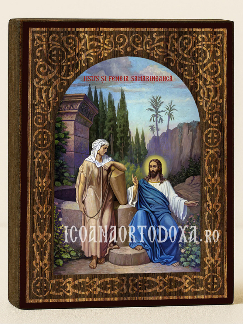 Icoană a lui Isus Hristos și a femeii samarinence cu arc floral din lemn