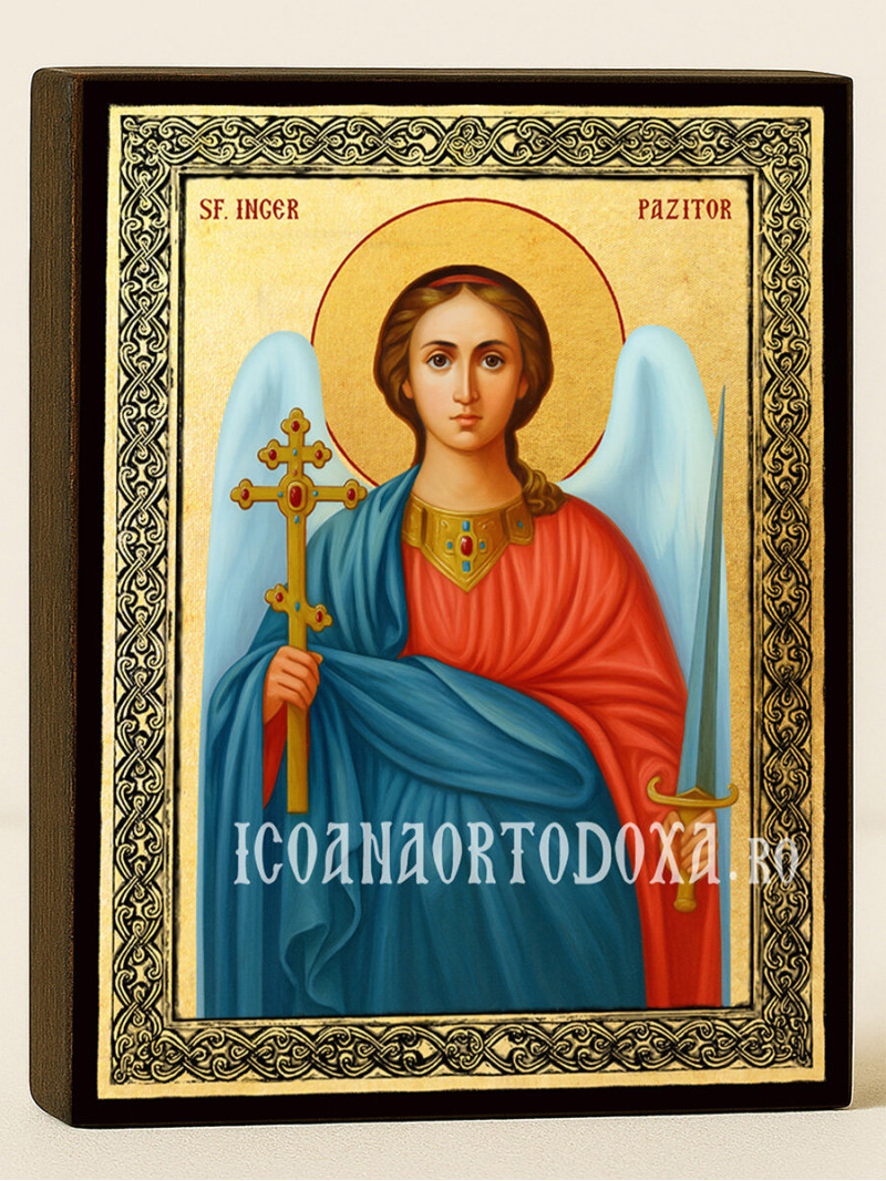 Icoană aurită cu Îngerul Păzitor și ramă decorativă