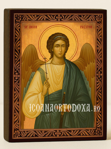 Icoană cu Îngerul Păzitor cu ramă decorativă sculpturală