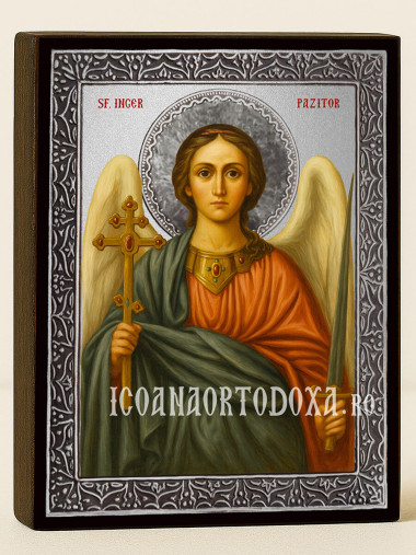 Icoană cu Îngerul Păzitor cu raze argintii decorative