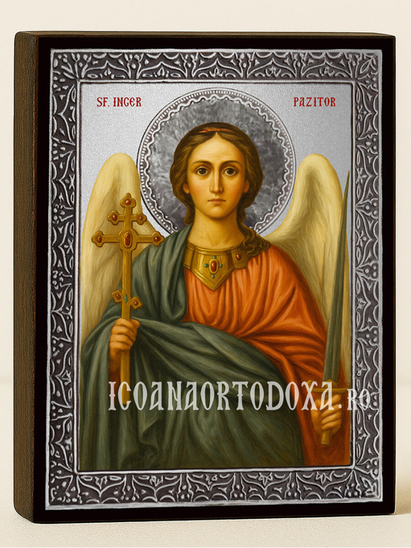 Icoană cu Îngerul Păzitor cu raze argintii decorative