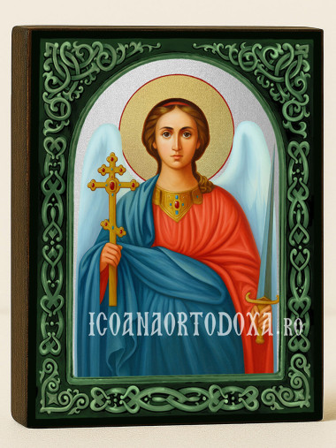 Icoană cu Îngerul Păzitor cu arcadă florală verde