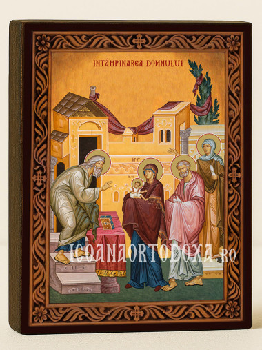 Icoană ortodoxă cu Întâmpinarea Domnului cu ramă decorativă stil sculptat