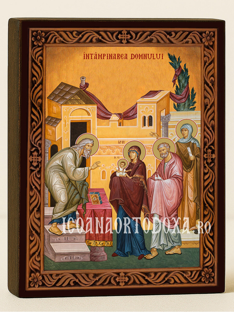 Icoană ortodoxă cu Întâmpinarea Domnului cu ramă decorativă stil sculptat