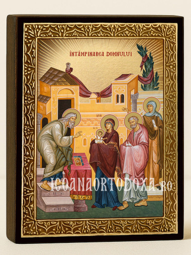 Icoană aurită cu Întâmpinarea Domnului cu raze decorative