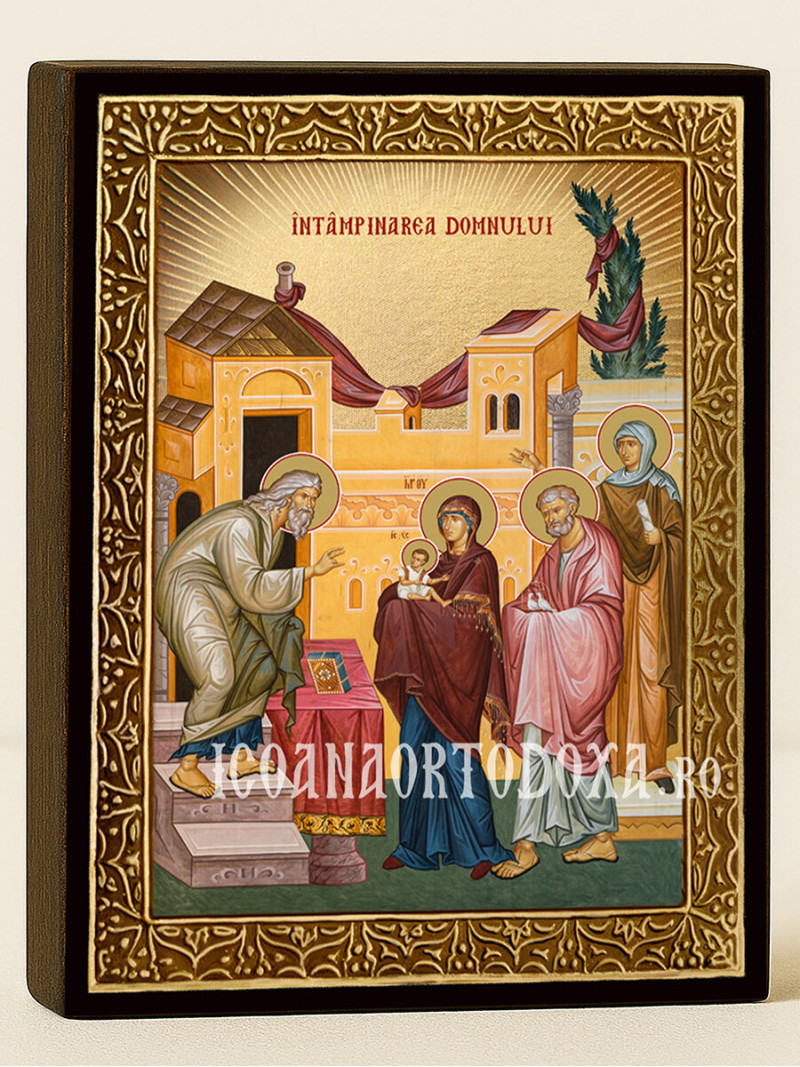 Icoană aurită cu Întâmpinarea Domnului cu raze decorative