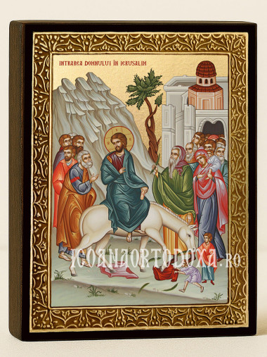 Icoană aurită cu Intrarea Domnului în Ierusalim cu raze decorative