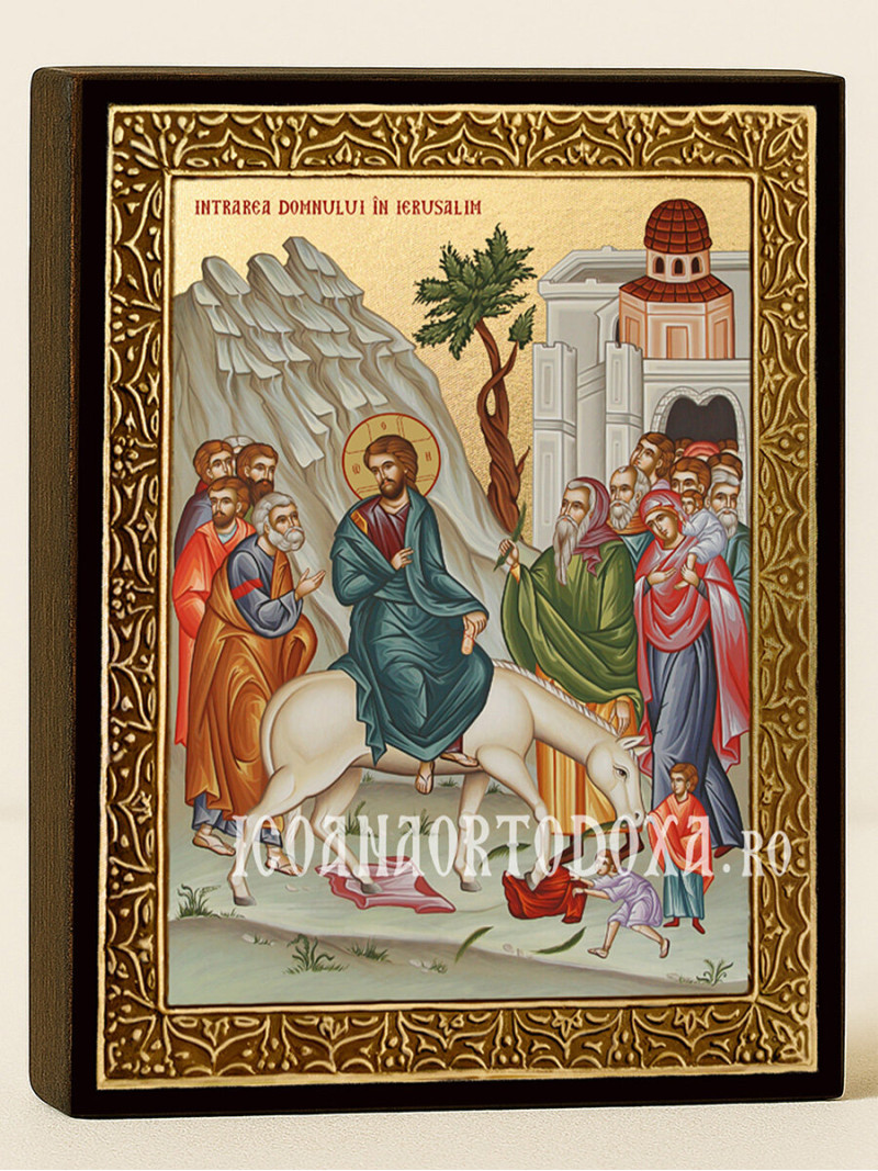 Icoană aurită cu Intrarea Domnului în Ierusalim cu raze decorative
