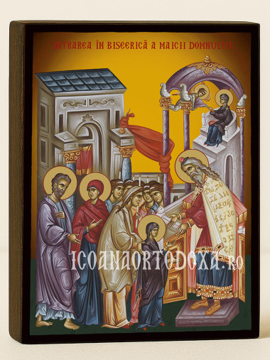 Icoană ortodoxă cu Intrarea Maicii Domnului în Biserică cu fundal galben luminos