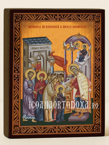 Icoană ortodoxă cu Intrarea Maicii Domnului în Biserică cu ramă decorativă stil sculptat