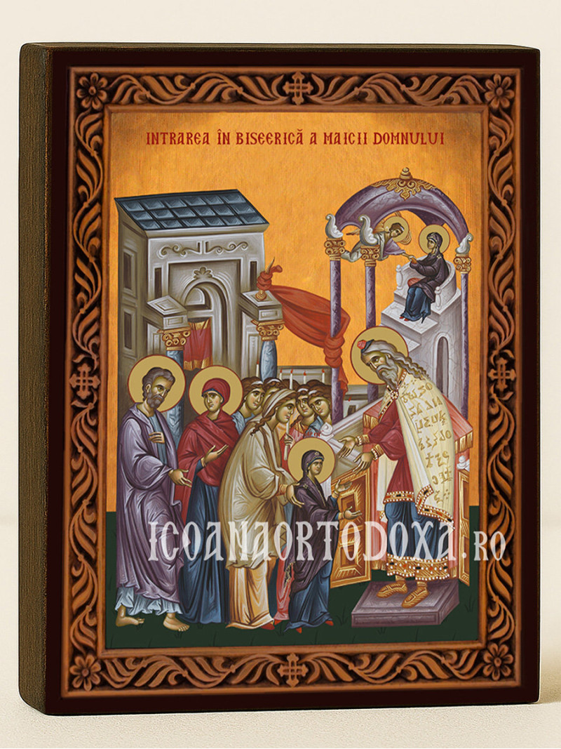 Icoană ortodoxă cu Intrarea Maicii Domnului în Biserică cu ramă decorativă stil sculptat