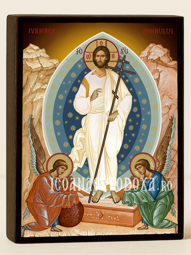 Icoană ortodoxă cu Învierea lui Hristos cu fundal galben luminos