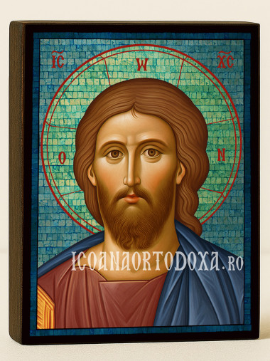 Icoană cu Iisus Hristos Mântuitorul cu mozaic albastru argintiu