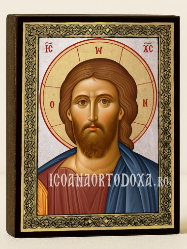 Icoană cu Iisus Hristos Mântuitorul pe fundal argintiu cu ramă aurie