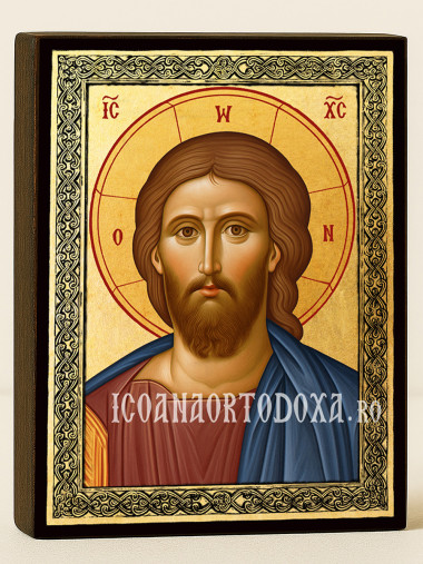 Icoană aurită cu Iisus Hristos Mântuitorul și ramă decorativă
