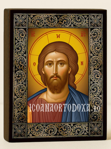 Icoană cu Iisus Hristos Mântuitorul cu ramă florală decorativă
